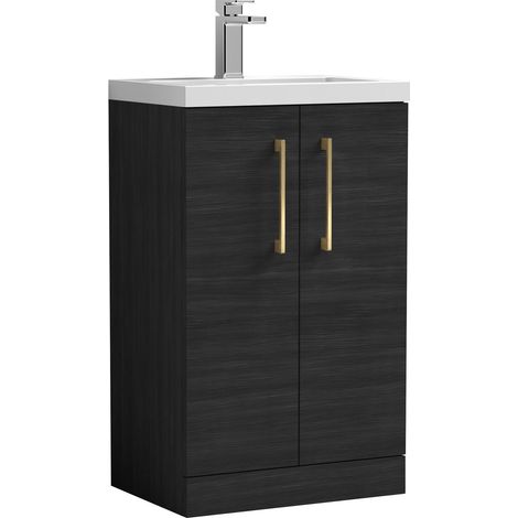 Balterley Bramshall Compact Bathroom Cloakroom Vanity Basin Unit with Ceramic Basin, Brushed Brass Handles, 500mm, Woodgrain Black