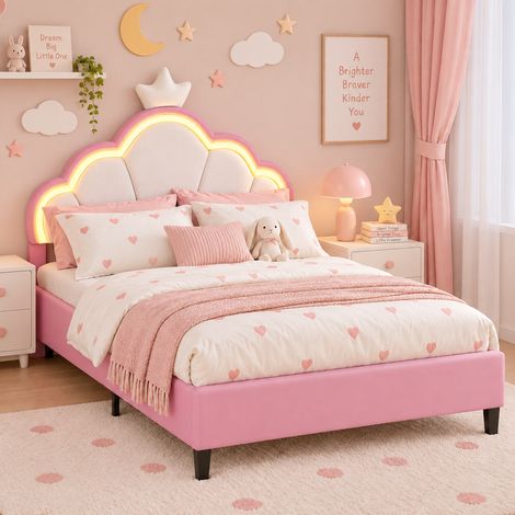 Cama Infantil 90x190 cm, Cama de Princesa con LED RGB, Cabecero Ajustable con Forma de Corona y Nube, Terciopelo, Somier de Láminas, Rosa y Blanco (1/5)