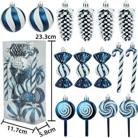 Set di decorazioni natalizie, 20 pezzi, in plastica, a forma di pigne e bastoncini di zucchero, con ciondoli a forma di lecca-lecca e cordino, blu scuro (1/4)