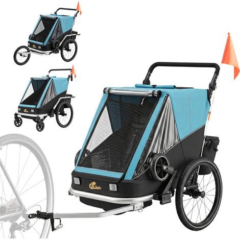 Remorque à vélo pour enfants, 2 places, remorque à vélo pliable 2 en 1 pour enfants avec siège et sangles réglables, bleue (1/5)