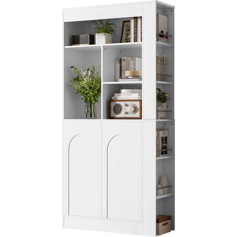 Armoire de rangement haute avec étagères ouvertes, 2 portes, niches latérales et étagères réglables, blanc, pour salon, bureau et chambre  CHICFURN (1/5)