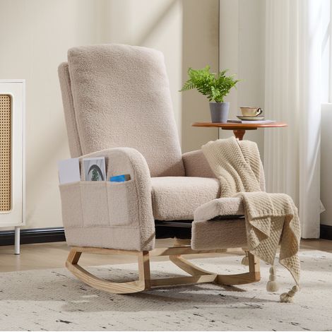 Fauteuil à bascule d'allaitement beige en tissu peluche avec repose-pieds escamotable - CHICFURN (1/5)