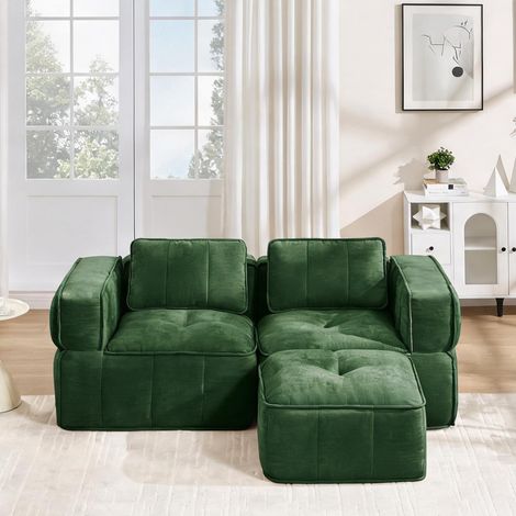 Canapé modulable vert en tissu polyester avec pouf coloris vert (1/5)