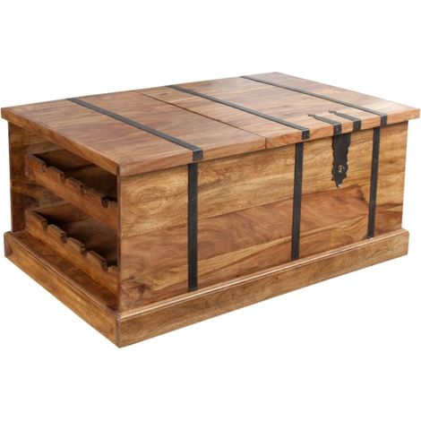 Truhencouchtisch TRESORO 100 cm aus massivem Sheeshamholz mit Flaschenlagerung