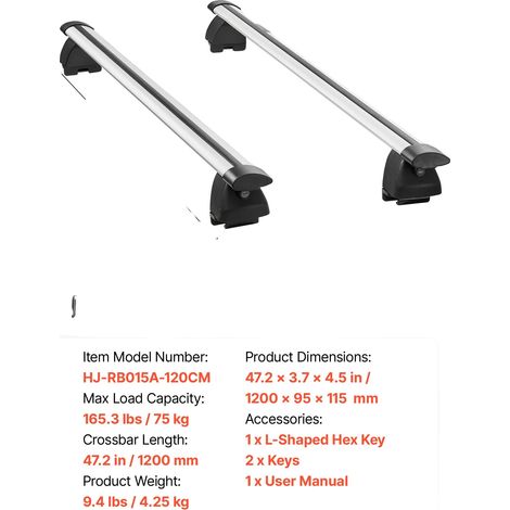 Barras de techo, ajuste universal, construcción de aluminio resistente, 120 cm (1/2)