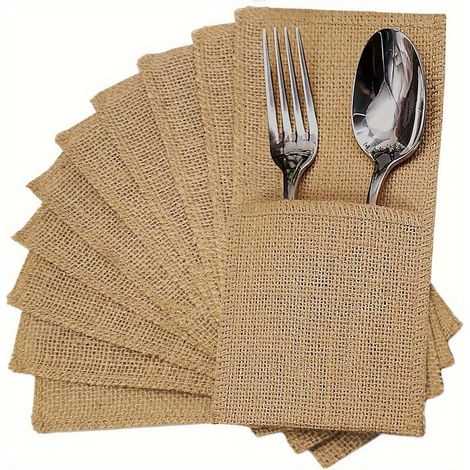 20 sacs à couverts en jute naturelle, sacs de rangement en ruban non traité, parfaits pour les fourchettes, couteaux, cuillères, serviettes, décorations de table rustiques et cadeaux de mariage (1/5)