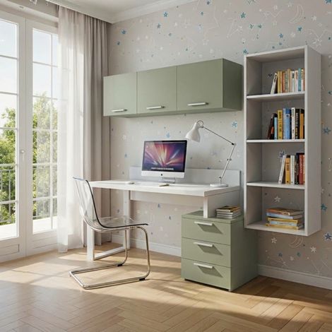 Angolo libreria design con cubotti e cassettiera - Soluzione moderna e salvaspazio - Bianco e Salvia