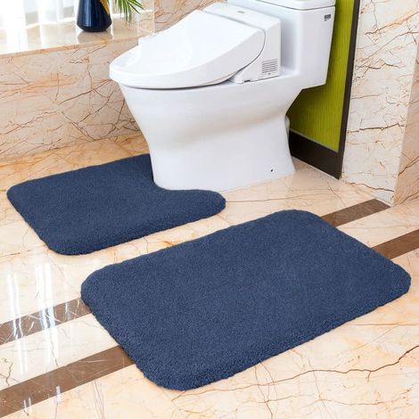 Lot de Tapis de Bain 2 Pièces Antidérapant Épaissi Tapis Sortie de Douche Absorbant Tapis de Sol en Microfibre Tapis Salle de Bain 50 x 80cm + Tapis Contour WC 50 x 60cm Bleu Marine (1/5)