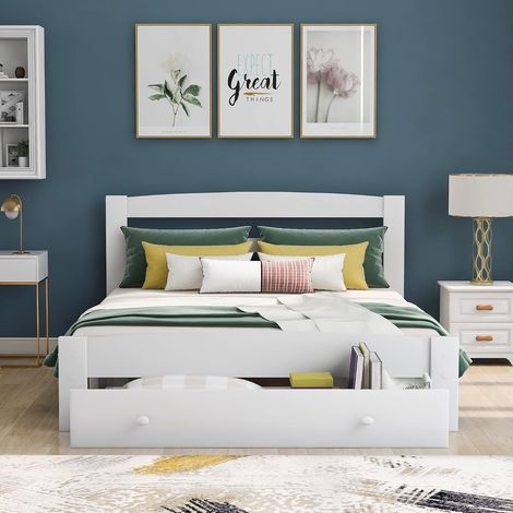 Solid pine wood double bed frame with drawers, double headboard with footboard and bed rail, bedroom furniture for adults, children, teenagers, UK only (white) (1/5)