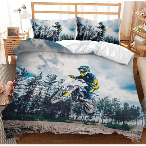 Parure de lit de moto 3D avec housse de couette de moto et taie d'oreiller pour adolescents sports extrêmes 200x200 cm,bleu - CDQ (1/4)