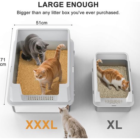 Bac à litière géant XXXL pour chat grand modèle maison de toilette ouverte en acier inoxydable avec pelle et parois anti-projections (1/5)