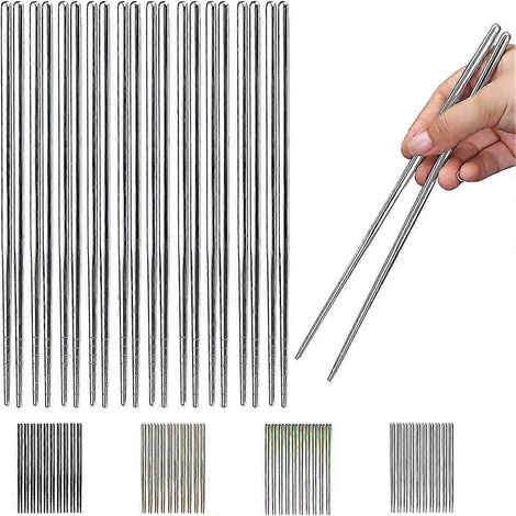 10 paires de baguettes réutilisables, baguettes en acier inoxydable, compatibles lave-vaisselle, baguettes coréennes, japonaises et chinoises, 22,6 cm (Argent/Baguettes) (1/5)