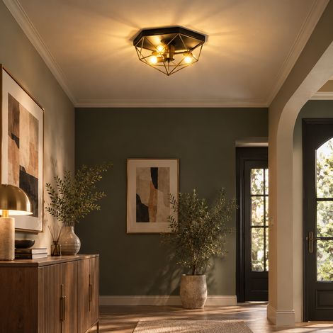 Lampe de plafond style industriel géométrique avec 3 attaches E27 pour lampe LED, noir et or (1/5)