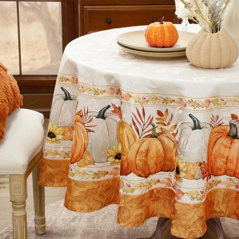 Nappe ronde motif automnal citrouille 180 cm orange, jacquard, déperlante