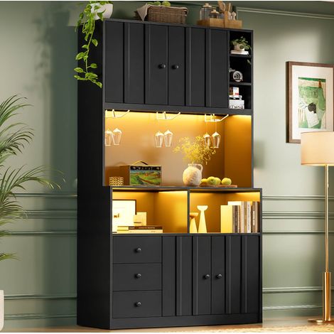 Buffet de cuisine 100x40x180 cm avec LED RGB, prises USB, vitrine et grands rangements - noir (1/5)
