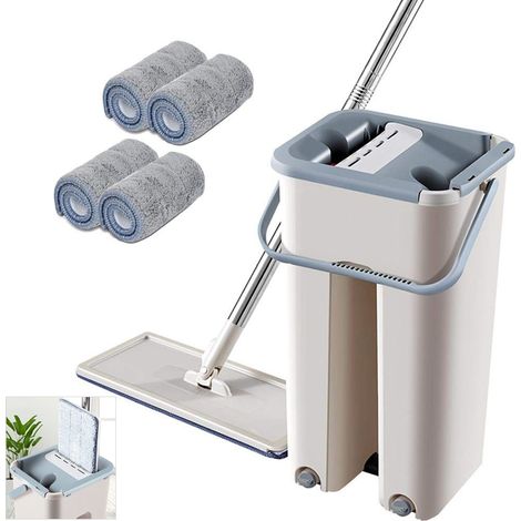 Balai-serpillère plat mains libres pour personnes paresseuses, balai-serpillère à raclette, seau à balai en microfibre + balai + 4 chiffons (1/5)