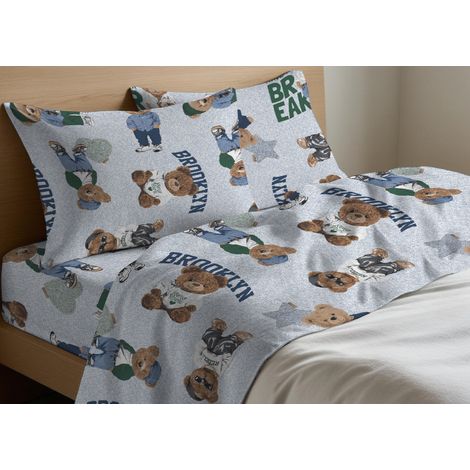 Completo Lenzuola Letto In 100% Cotone Made Italy Disegno Teddy, misuraSingolocoloreBeige