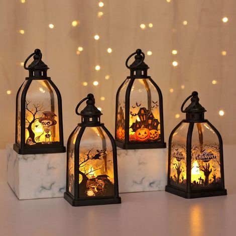 4 Pièces Lanterne Halloween LED Bougie Exterieur avec Batterie, Lanterne Citrouille Sorcière Geist Decoration Halloween Exterieur Interieur a Suspendre, Lanterne fantôme D'halloween