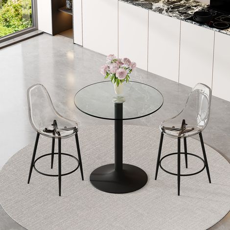 Ensemble Table de Bar et 2 Tabourets de Bar, avec Plateau en Verre et Dossier Transparent, Structure Métal, Noir (1/5)