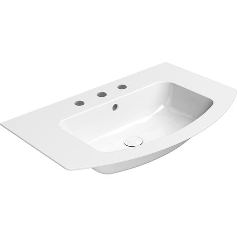 PURA Slim Lavabo en céramique courbé 82x49cm, bord inférieur rainuré, 3 trous de robinetterie, blanc ExtraGlaze (1/2)