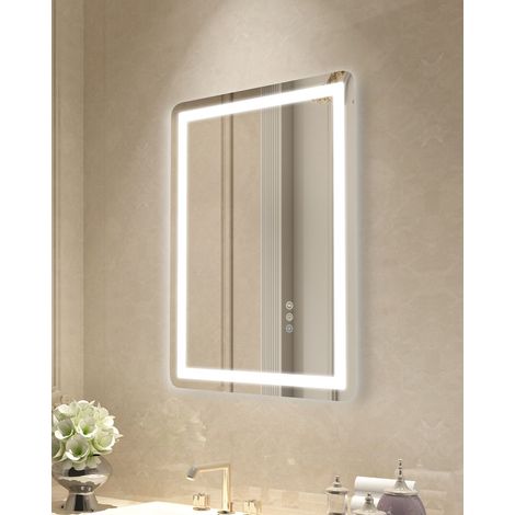 Miroir de salle de bain LED, 50 x 70 cm, avec éclairage frontal et arrière, traitement antibuée, intensité lumineuse réglable sur 3 couleurs, fixation murale. (1/5)