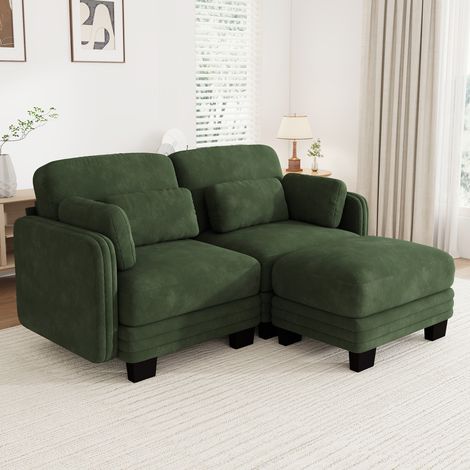 Canapé d’angle modulable 2 places avec pouf, assise large et profonde, coussins lombaires, tissu chenille vert, pour salon, 176 x 143 x 88 cm (1/5)