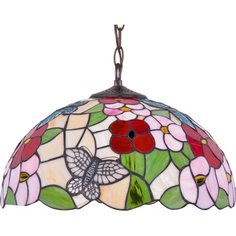 Dekorative Hängelampe mit Buntglasblumen und Schmetterlingen BUTTERFLY 1xE27 20W K-P161386 Kaja
