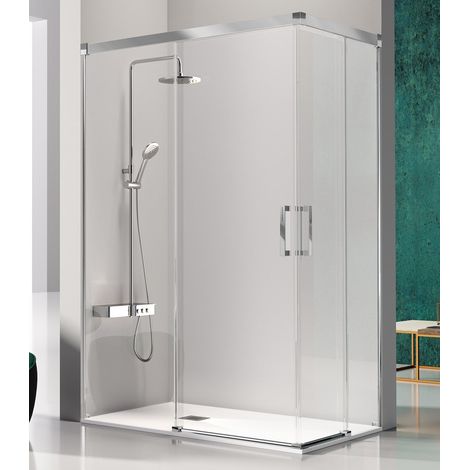 KASSANDRA GLASÉ Angular Ducha 2 Fijos + 2 Hojas Corredera 6 mm Plata Brillo Transparente - Medida: 140x75 cms - ref: GS6071616S200140+GS6071616S200075 (1/2)