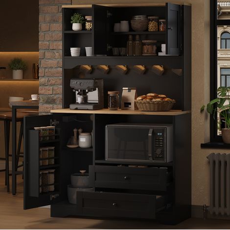 Buffet de cuisine 100 x 40 x 163 cm en MDF noir avec LED, prises USB et niche micro-ondes (1/5)