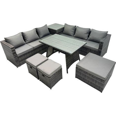 Fimous Outdoor Corner Sofa Dining Table Set Garden Rattan Furniture Set 9 Seater with Side Table 3 Stools Dark Grey (1/5)