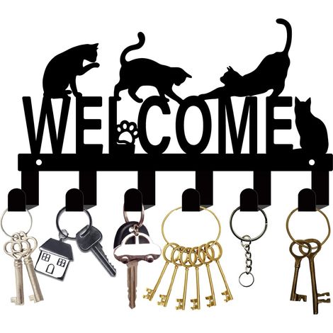 Porte-Clés Mural Forme Chat avec Crochets Clés Bienvenue,Support Mural Métal Noir Organisateur Clés,Panneau Bienvenue Suspendre,Décoration Muraavec 10 Crochet pour Porte D'Entrée,27x16cm