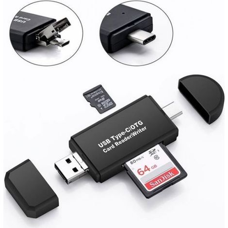 Lecteur Carte SD - USB 2.0 Type C Micro USB - Compatible SD TF Micro SDXC MMC - Noir - 1 Pièce (1/5)