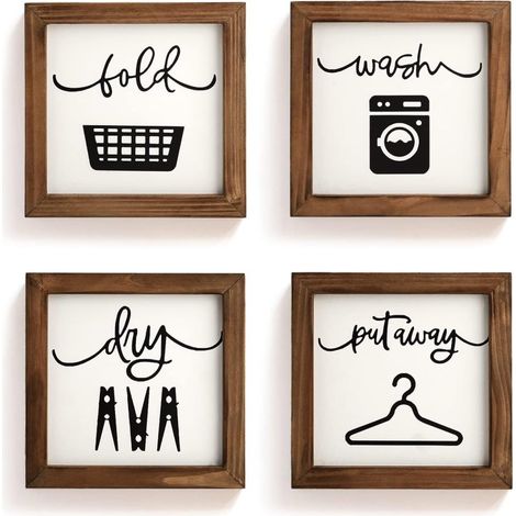 Ensemble de 4 étiquettes décoratives murales de style champêtre pour buanderie, avec cadre en bois, panneau carré de 20 cm (thème lessive/séchage/pliage/rangement) (1/5)