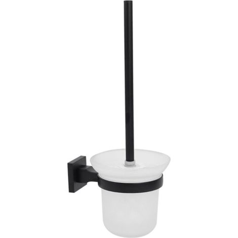 Porta scopino in acciaio nero bicchiere in vetro satinato fissaggio con viti o senza viti biadesivo accessori arredo bagno (1/2)