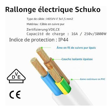 Extension Cable, Extension Cable, Extension Cable, 3 x 1.5 mm² 16 A 250 V IP44, for Home (White - 3M) (1/3)