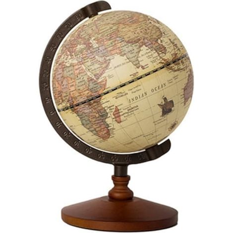 Globe géographique antique avec support en bois, carte géographique complète pour bureau, étagères, décoration intérieure.