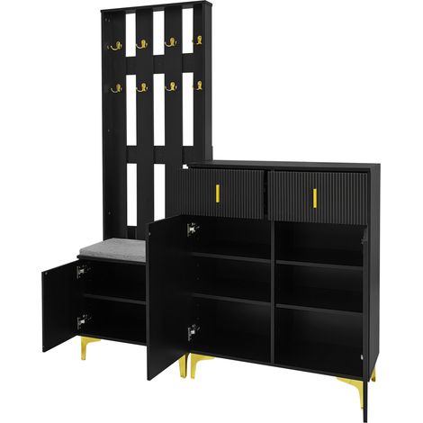 Set ingresso con scarpiera, panca e appendiabiti con ganci dorati, nero (1/5)