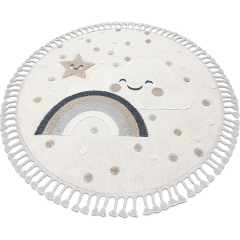 Teppich YOYO EY78 Kreis weiß / beige - Wolke, Regenbogen, Punkte für Kinder, strukturell, sensorische Fransen beige rund 120 cm