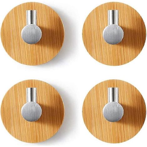 Lot de 4 crochets muraux en bambou, crochets en bambou et acier inoxydable, crochets adhésifs en bambou, crochets porte-serviettes auto-adhésifs sans perçage pour salle de bain, toilettes, cuisine (si (1/4)