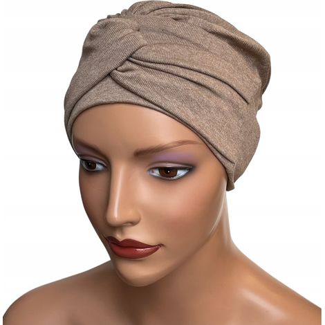 Turbante Sara para mujer, color marrón claro, tocado cálido de viscosa de punto. (1/5)