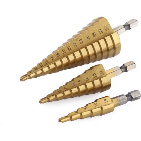 Foret Etage Conique Metal 3 pièces 4-12mm/4-20mm/4-32mm, revêtement Titane Tige hexagonale Foret Pagode pour Acier au Carbone, tôle, Panneaux isolants, Panneaux en PVC et Bois (1/4)