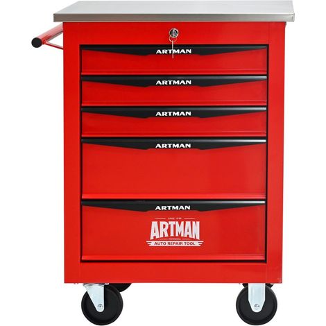 Werkstattwagen mit Rollen - B 62,5 x H 78 x T 34,5 cm - 5 ausziehbare und abschließbare Schubladen - Robuster Stahl - Rot & Schwarz