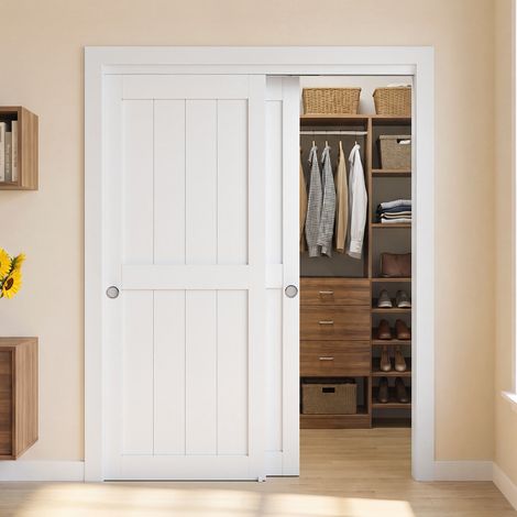 VEVOR Porte de Placard Coulissante a 2 Vantaux 1524x2032 mm, Structure Tout Bois, Porte Interieur avec Kit de Rail et Quincaillerie, Guide au Sol, Style Moderne pour Chambre, Dressing, Couloir, Blanc (1/5)