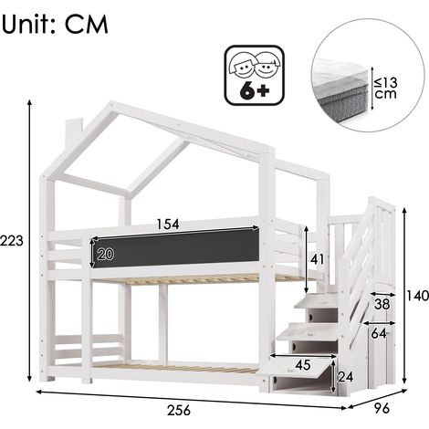 Cabane arbre enfant 90×200cm blanc,superposé avec cheminée,rangement,tableau noir,2 cadres à lattes,sans matelas