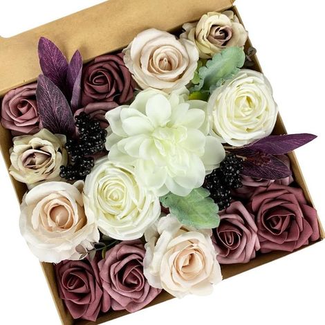 Fleurs Artificielles Faux Fleurs de Mariage Combiné pour DIY Bouquets Centres de Table Cambre Dispositions Fête Bébé Douche Maison Décorations (Mauve Champagne) (1/3)