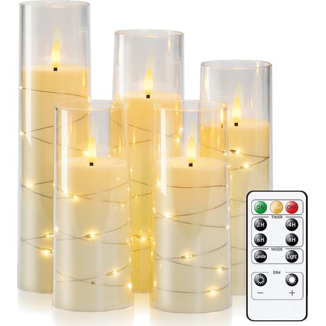 Lot de 5 bougies sans flamme vacillantes avec guirlande lumineuse, bougies à piles avec télécommande et minuteur, guirlande lumineuse LED intégrée, acrylique, décoration d'intérieur, blanc (1/5)
