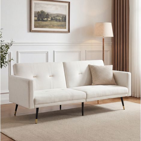 Canapé convertible 2 places velours beige OKMYHOME (1/5)
