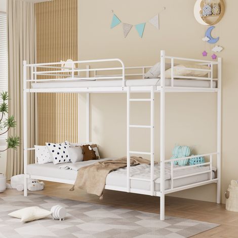 Lit superposé 90 x 190 cm, lit mezzanine avec escalier métallique et rambarde haute, lit superposé avec échelle, lit superposé avec structure en fer et protection antichute, blanc (1/5)