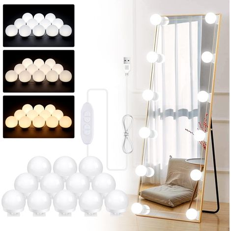 Lumière de Miroir, 12 Ampoules Hollywood Kit de Lumière LED Dimmable Lampe pour Cosmétique Salle de Bain 3 Couleurs 10 Niveaux de Luminosité (Miroir Non Inclus) (1/5)