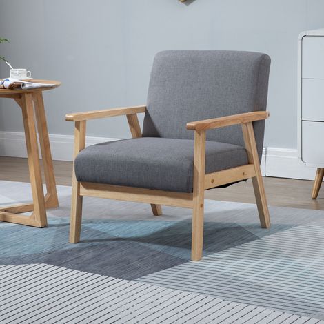 Poltrona in stile scandinavo, poltrona d'accento, in legno massello, effetto lino, 64 cm x 70 cm x 72 cm, grigio + naturale